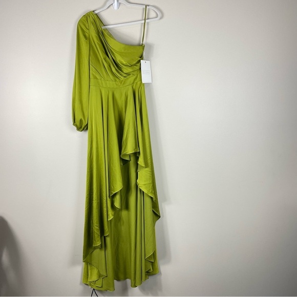 Mac Duggal Long Sleeve One Shoulder Satin High Low A-line Gown Womens 2 Green - Picture 4 of 14